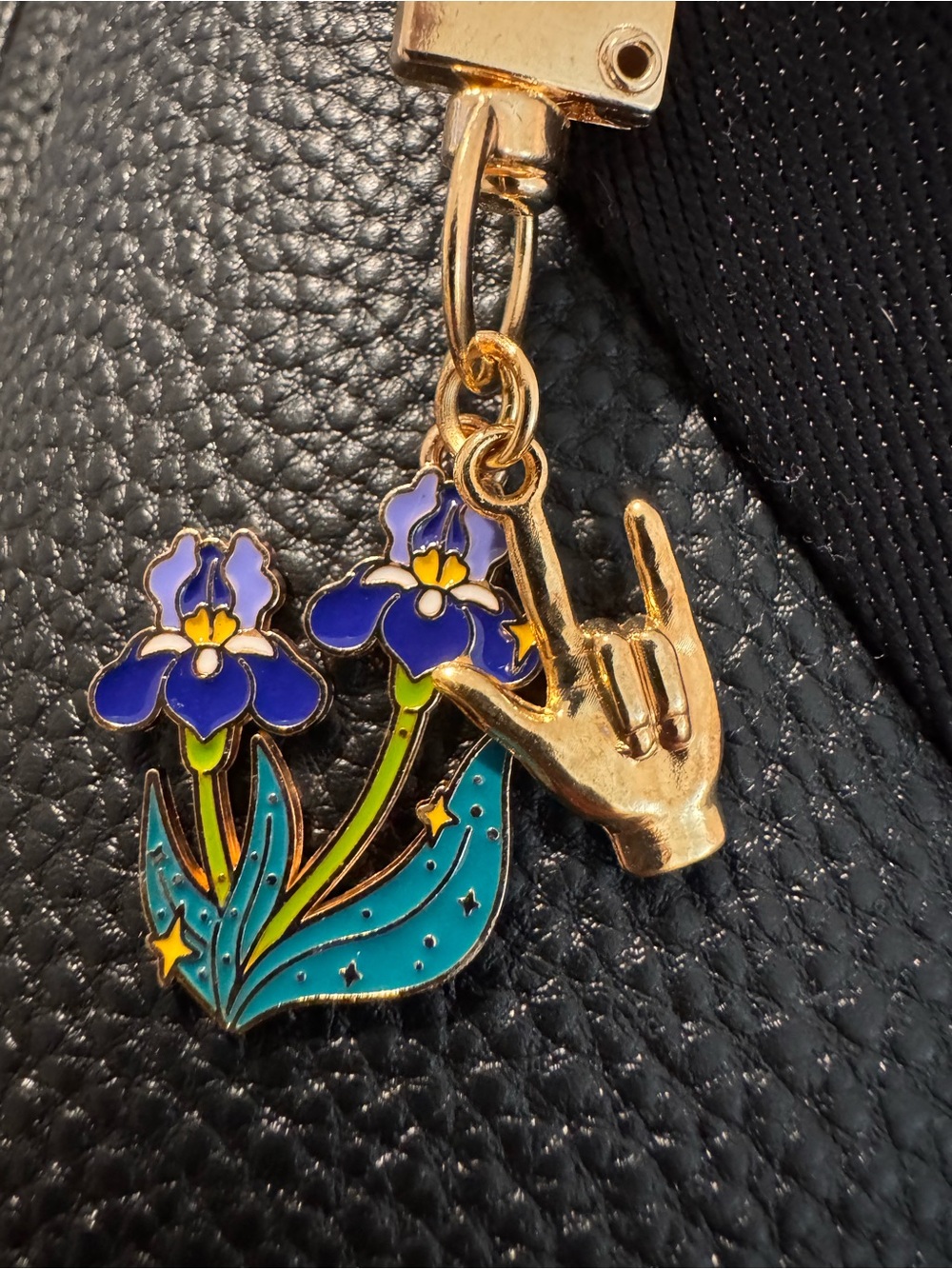 Purple Flower and I love you, American Sign Language 🤟🏻Gold Charm